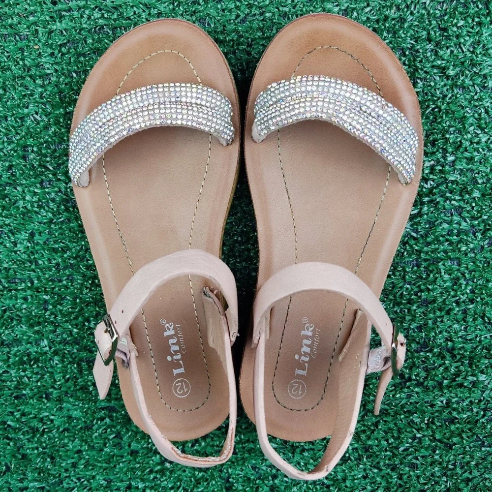 Link Sandals Girls 12 Pink Rhinestone Comfort Ankle Strap Platform Sparkle